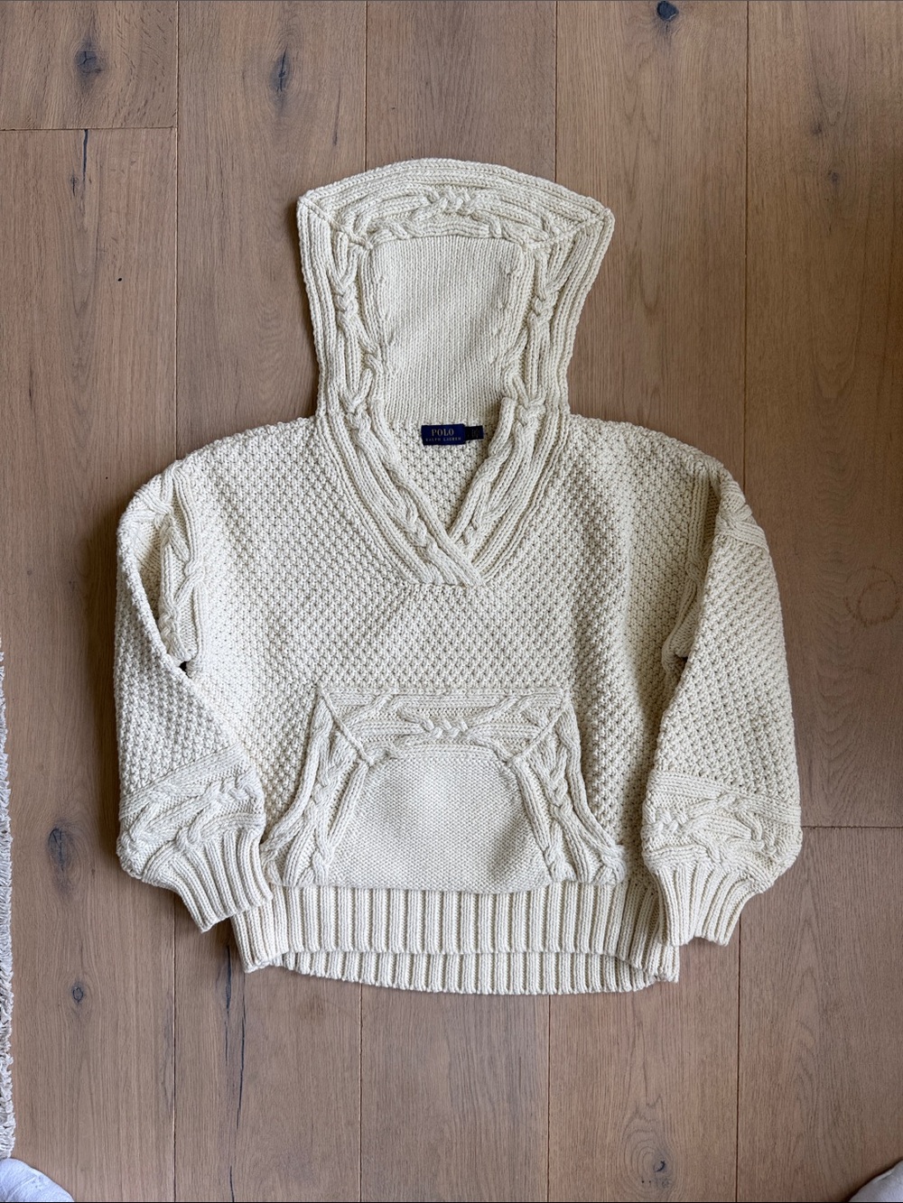 Polo by Ralph Lauren Cream Cable-Knit V-Neck Hooded Sweater